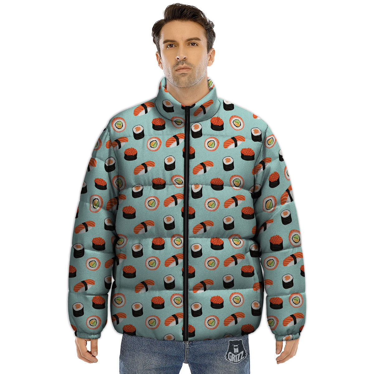 Rolls And Japanese Sushi Print Pattern Puffer Jacket-grizzshop