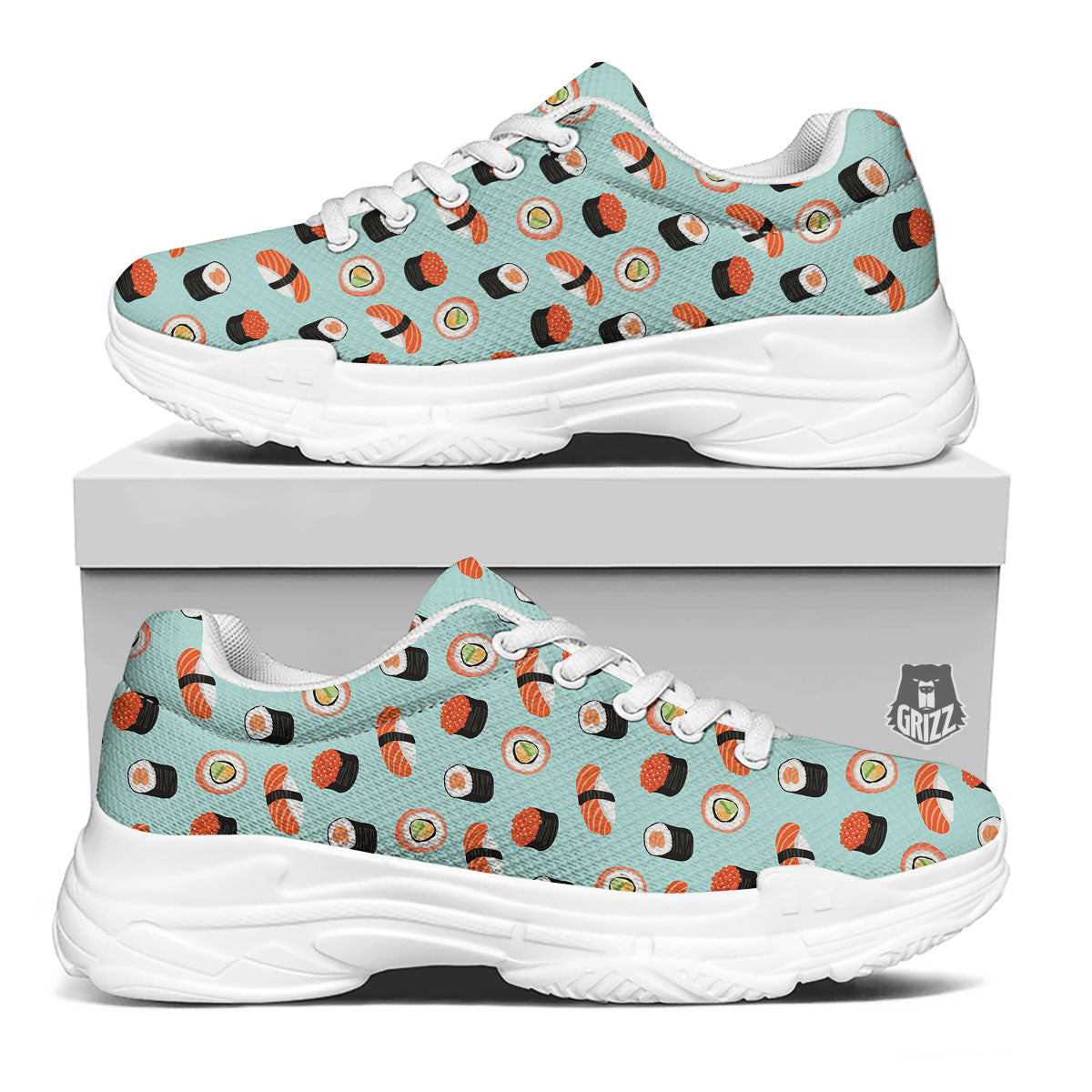 Rolls And Japanese Sushi Print Pattern White Chunky Shoes-grizzshop