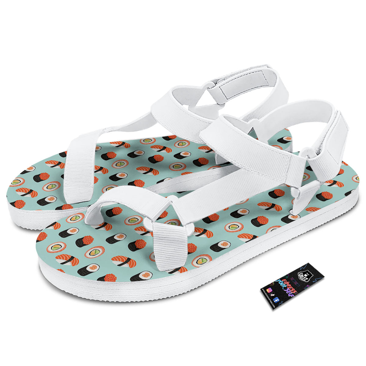 Rolls And Japanese Sushi Print Pattern White Open Toe Sandals-grizzshop