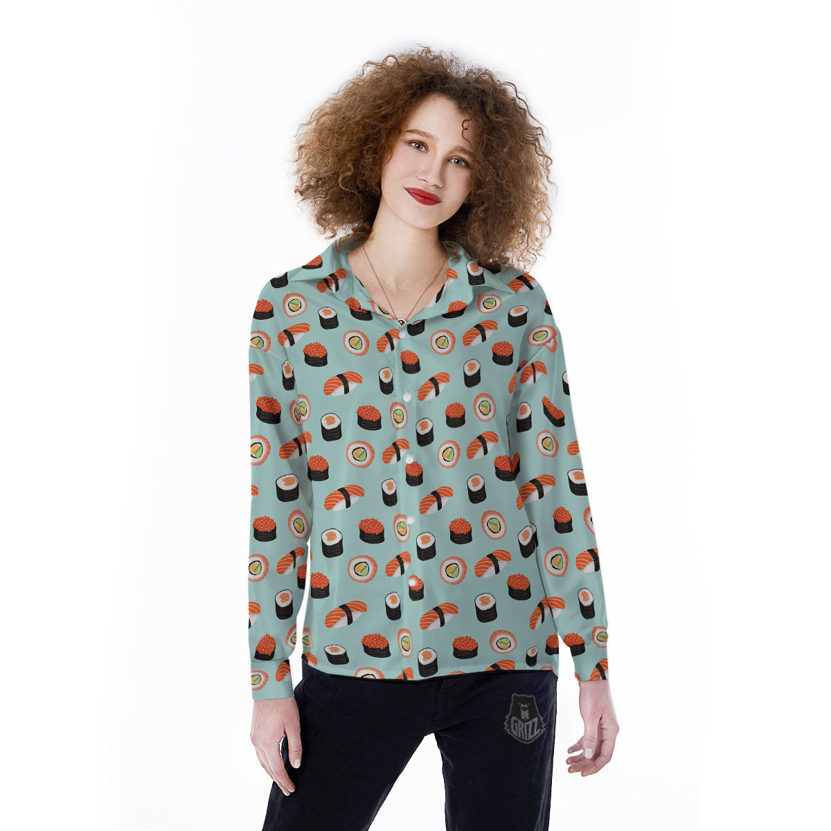 Rolls And Japanese Sushi Print Pattern Women's Long Sleeve Shirts-grizzshop