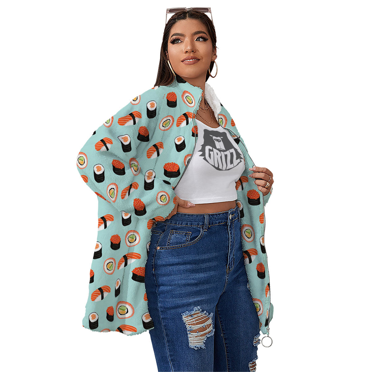 Rolls And Japanese Sushi Print Pattern Women's Sherpa Jacket-grizzshop