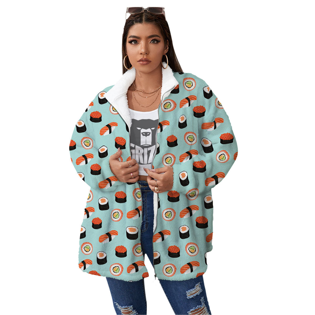 Rolls And Japanese Sushi Print Pattern Women's Sherpa Jacket-grizzshop