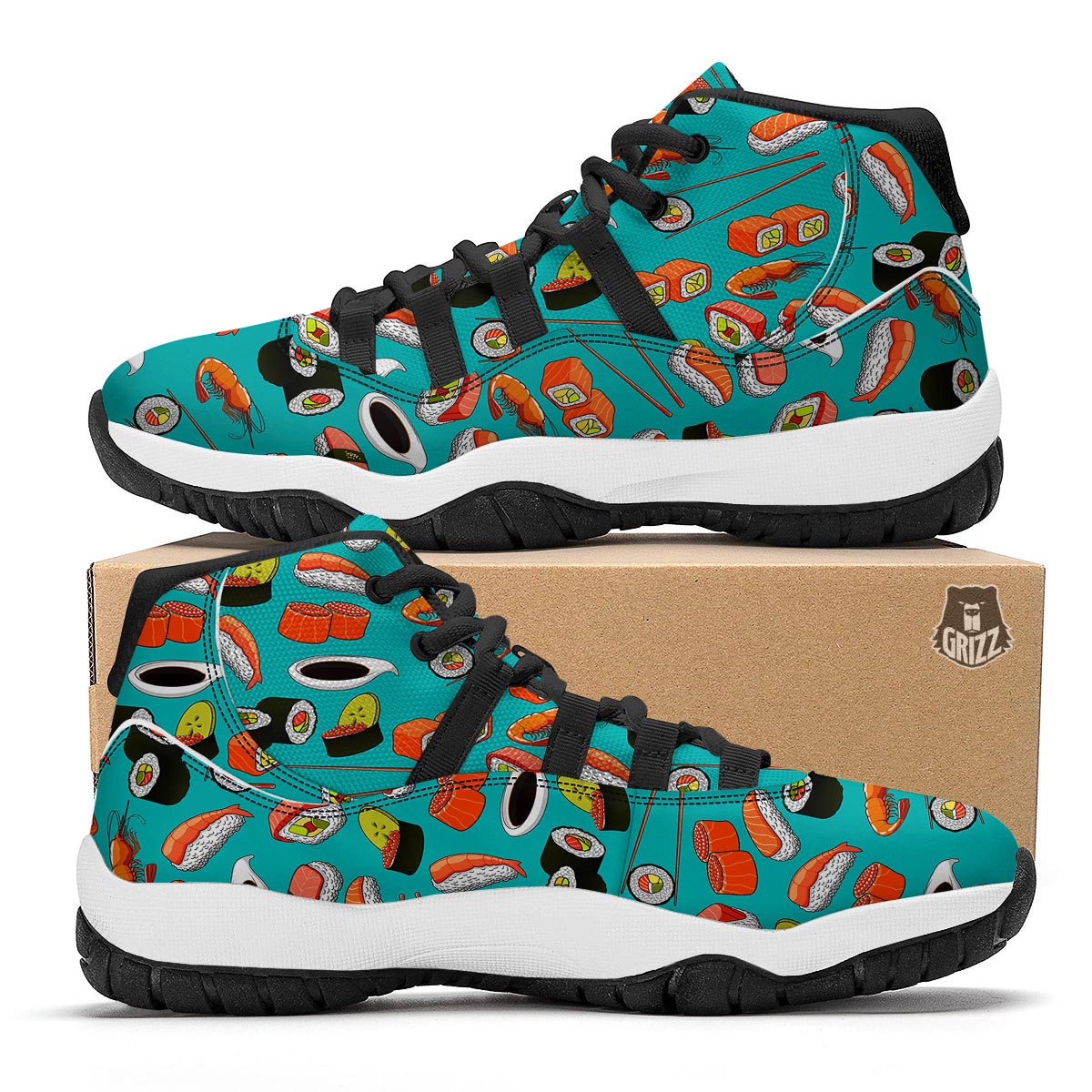 Rolls And Salmon Sushi Print Pattern Black Bball Shoes-grizzshop