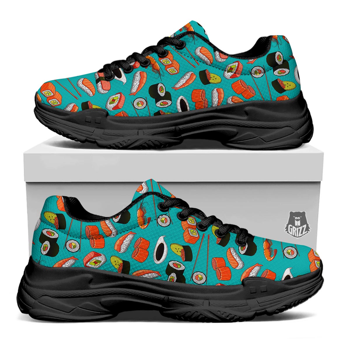 Rolls And Salmon Sushi Print Pattern Black Chunky Shoes-grizzshop