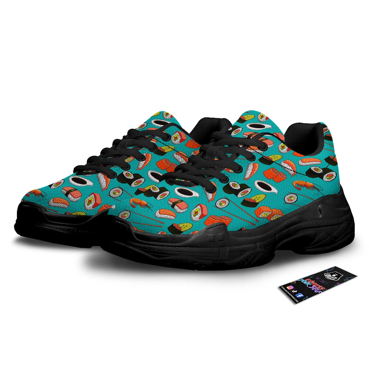 Rolls And Salmon Sushi Print Pattern Black Chunky Shoes-grizzshop