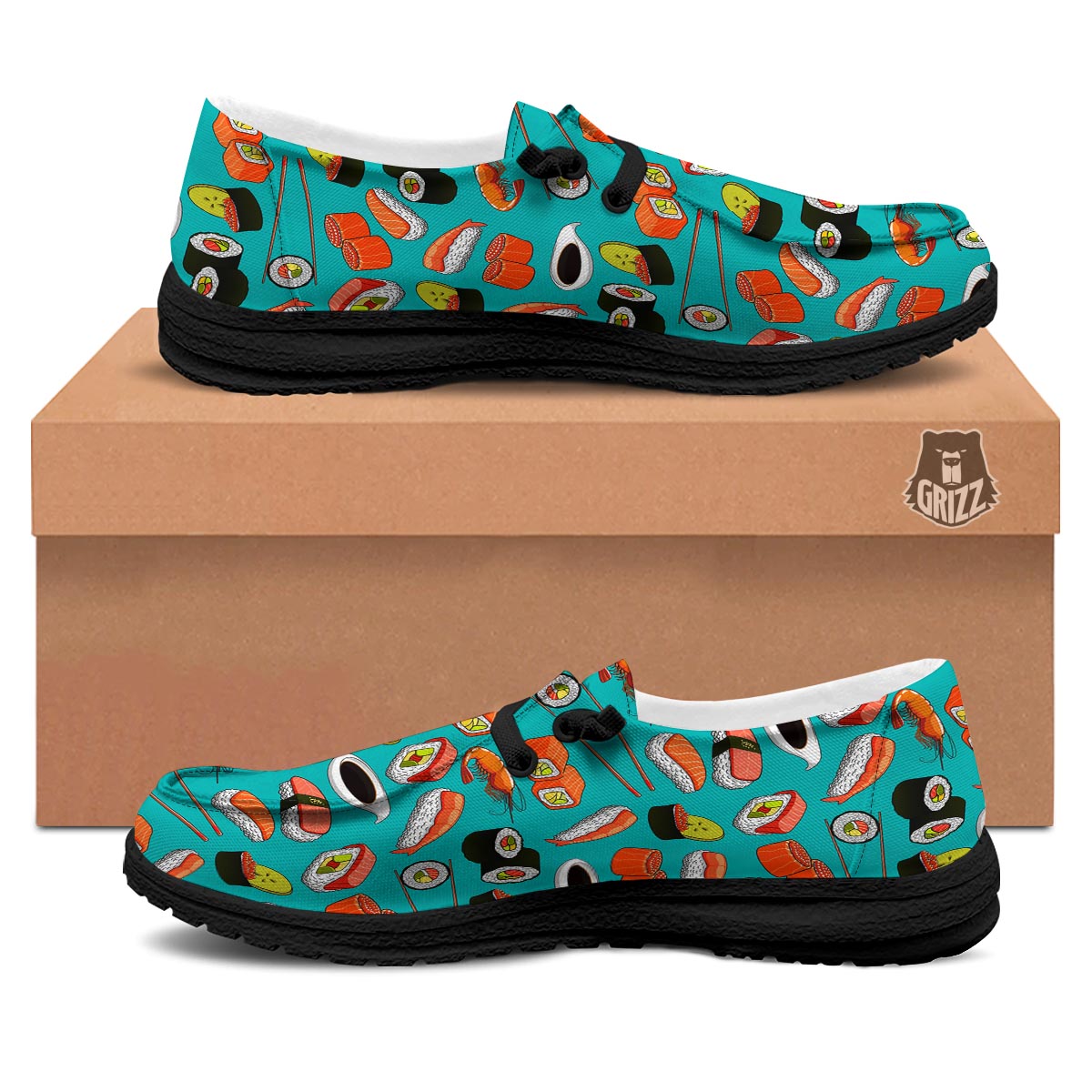 Rolls And Salmon Sushi Print Pattern Black Loafers-grizzshop