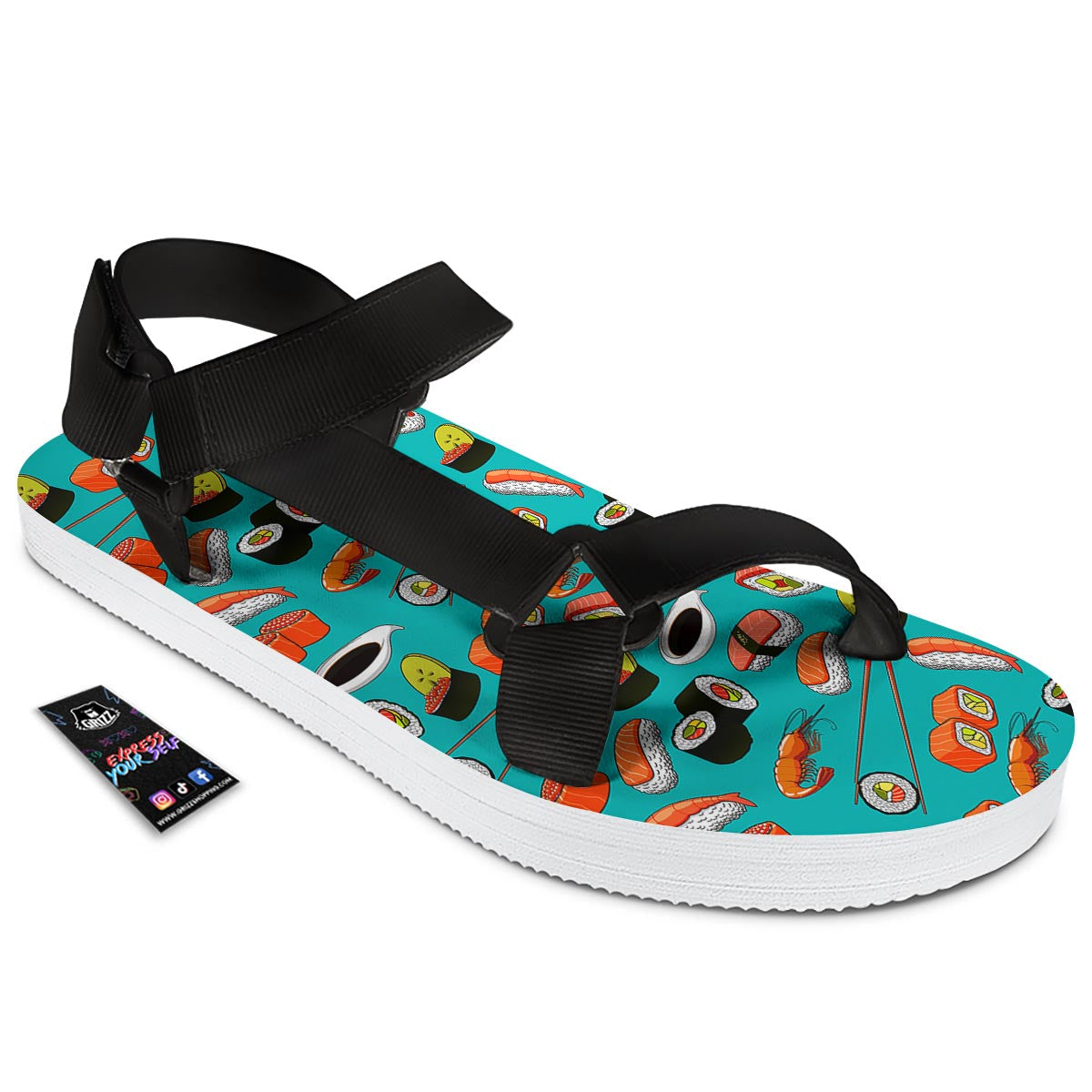 Rolls And Salmon Sushi Print Pattern Black Open Toe Sandals-grizzshop