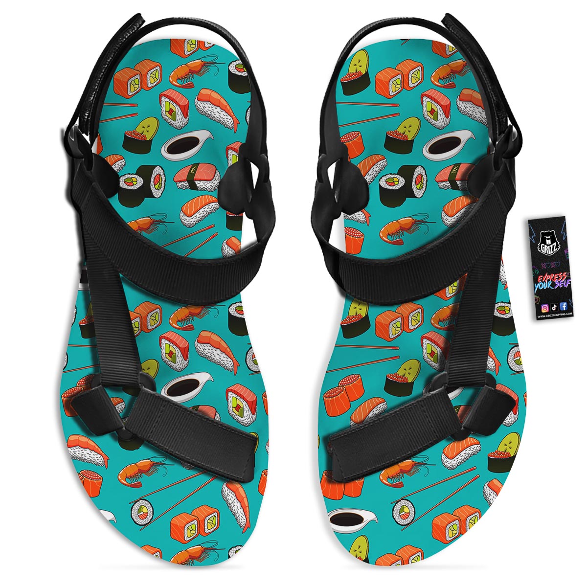 Rolls And Salmon Sushi Print Pattern Black Open Toe Sandals-grizzshop