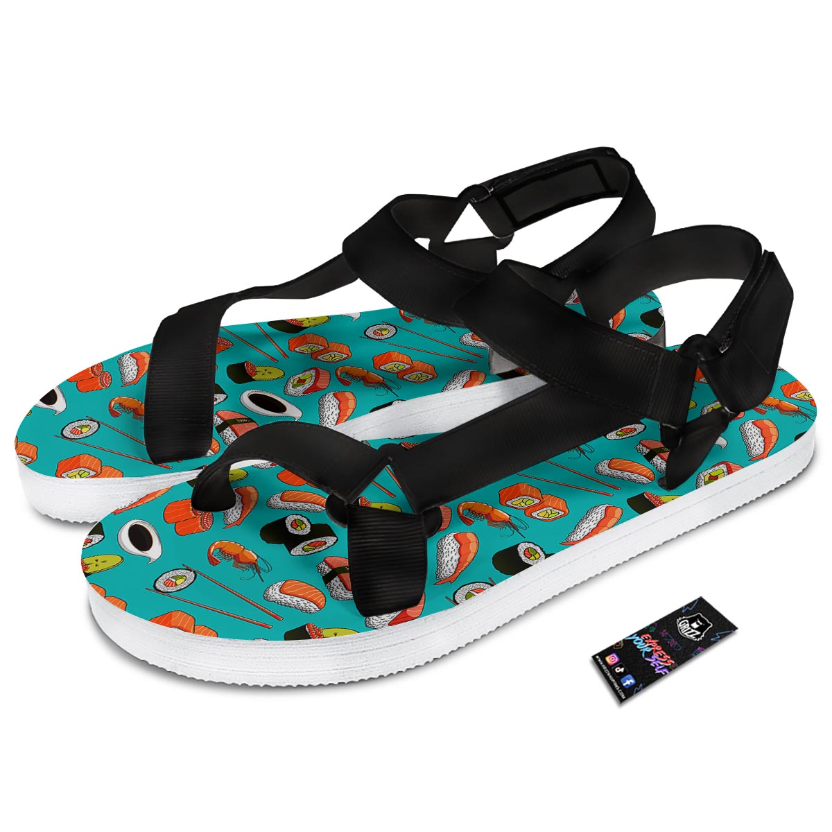 Rolls And Salmon Sushi Print Pattern Black Open Toe Sandals-grizzshop