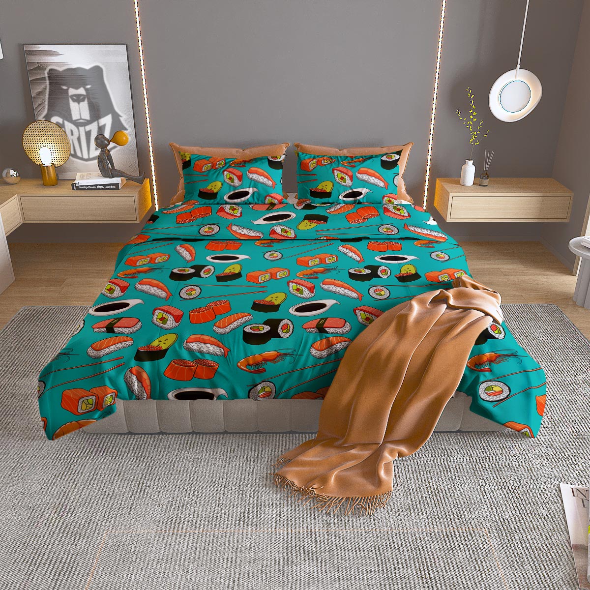Rooster Watercolor Print Pattern Duvet Cover Bedding Set