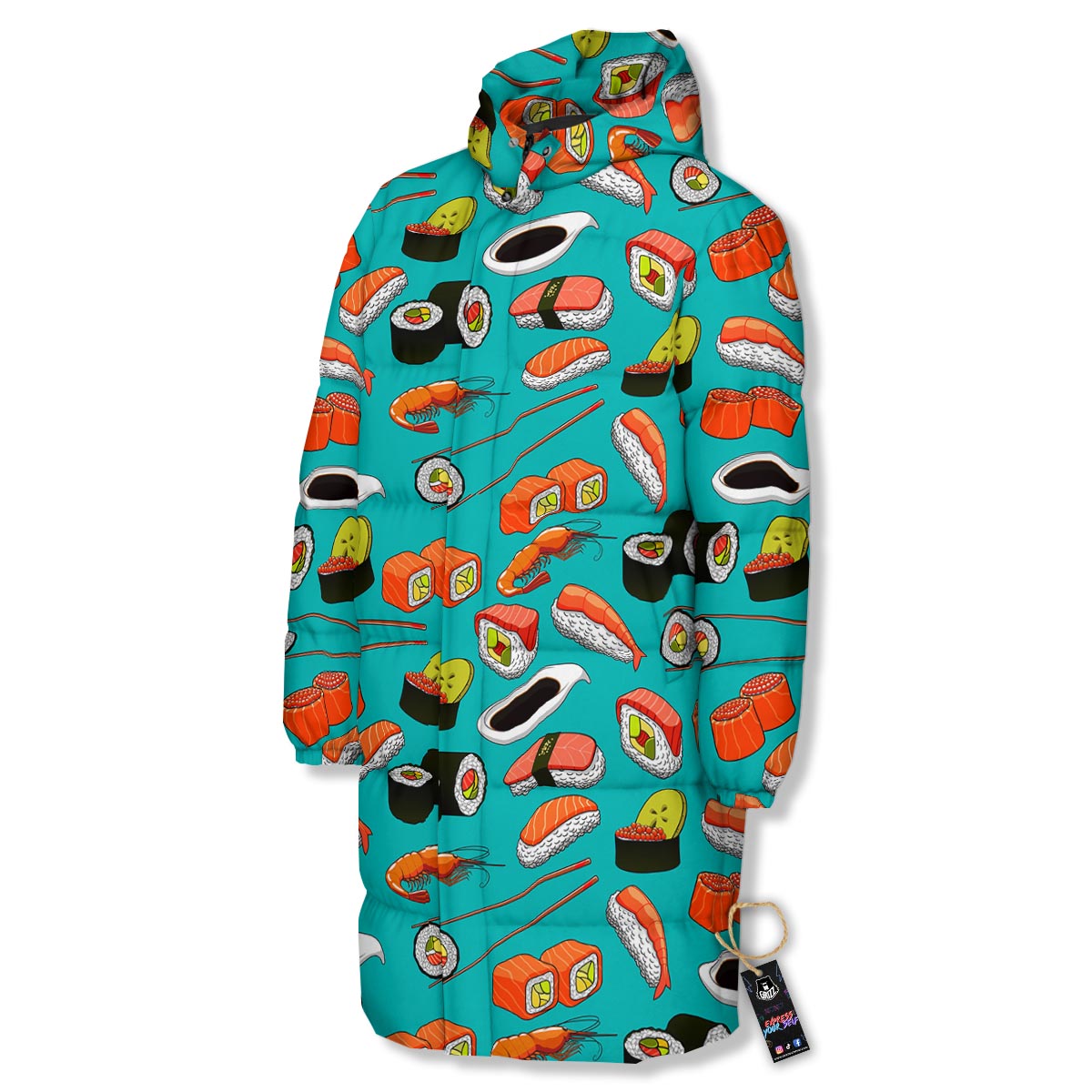 Rolls And Salmon Sushi Print Pattern Long Down Jacket-grizzshop