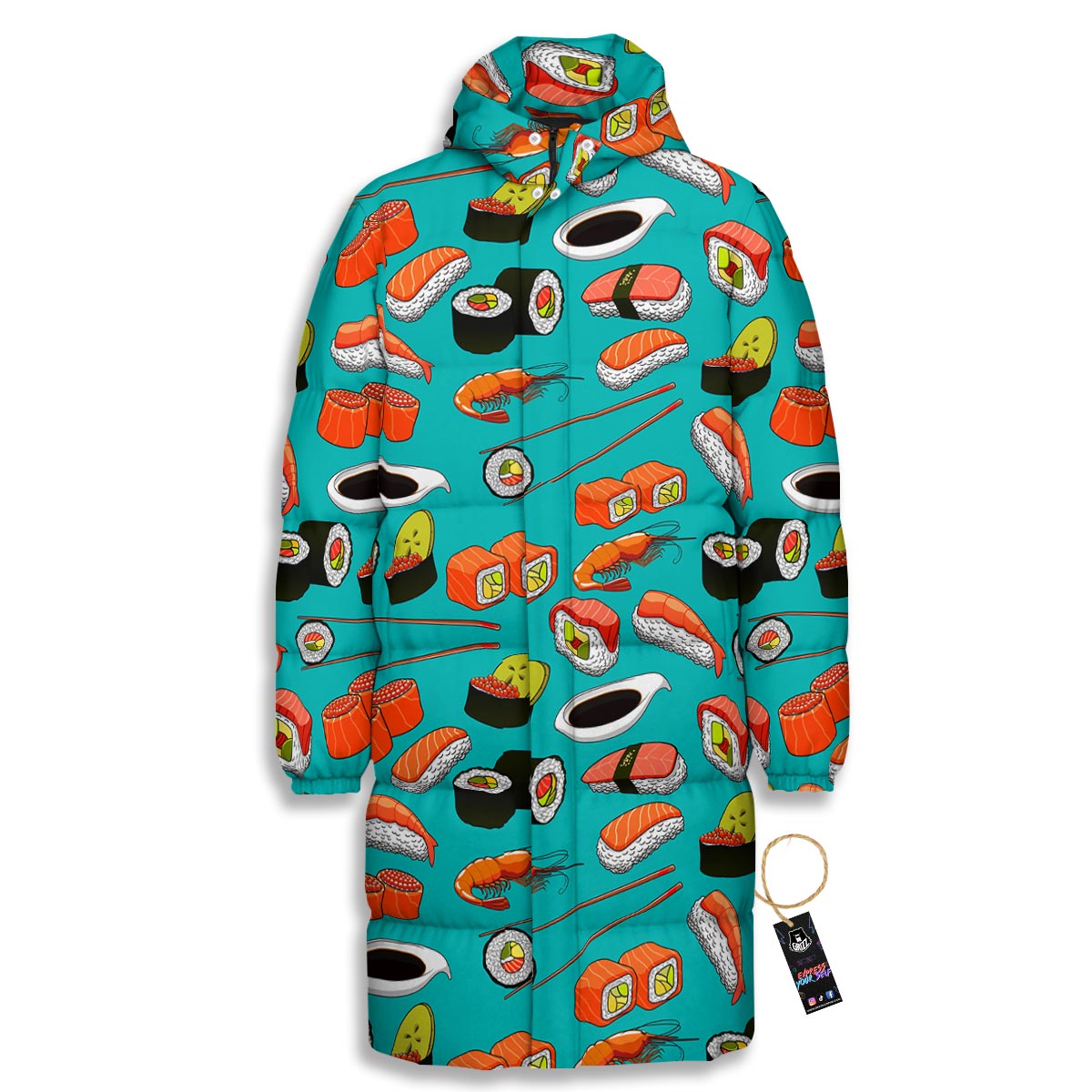 Rolls And Salmon Sushi Print Pattern Long Down Jacket-grizzshop