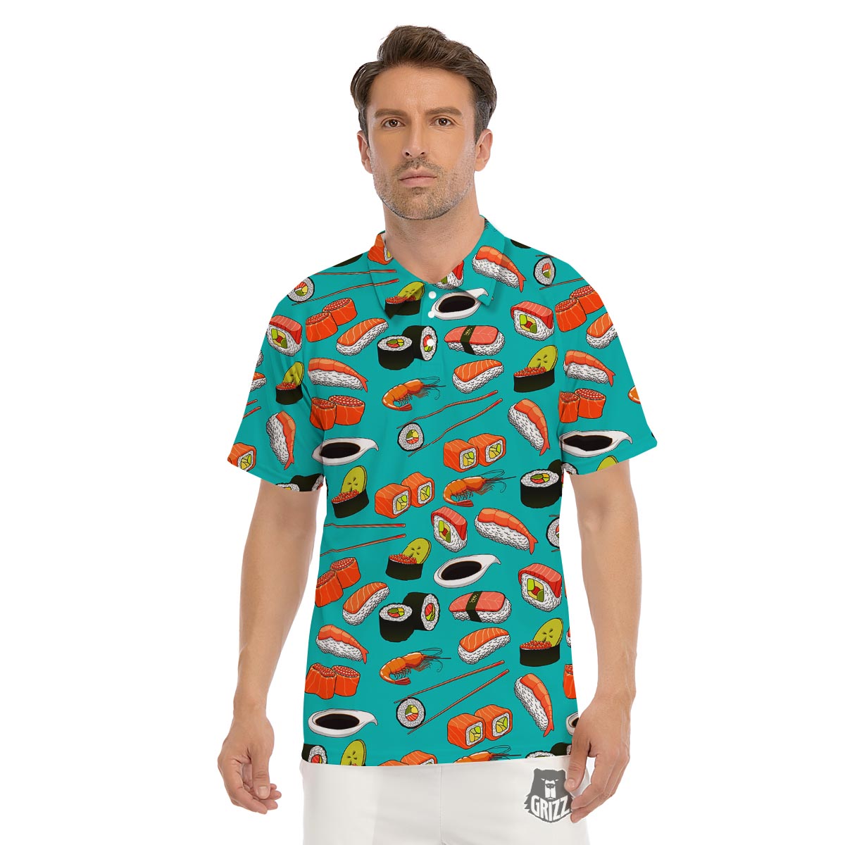 Rolls And Salmon Sushi Print Pattern Men's Golf Shirts-grizzshop