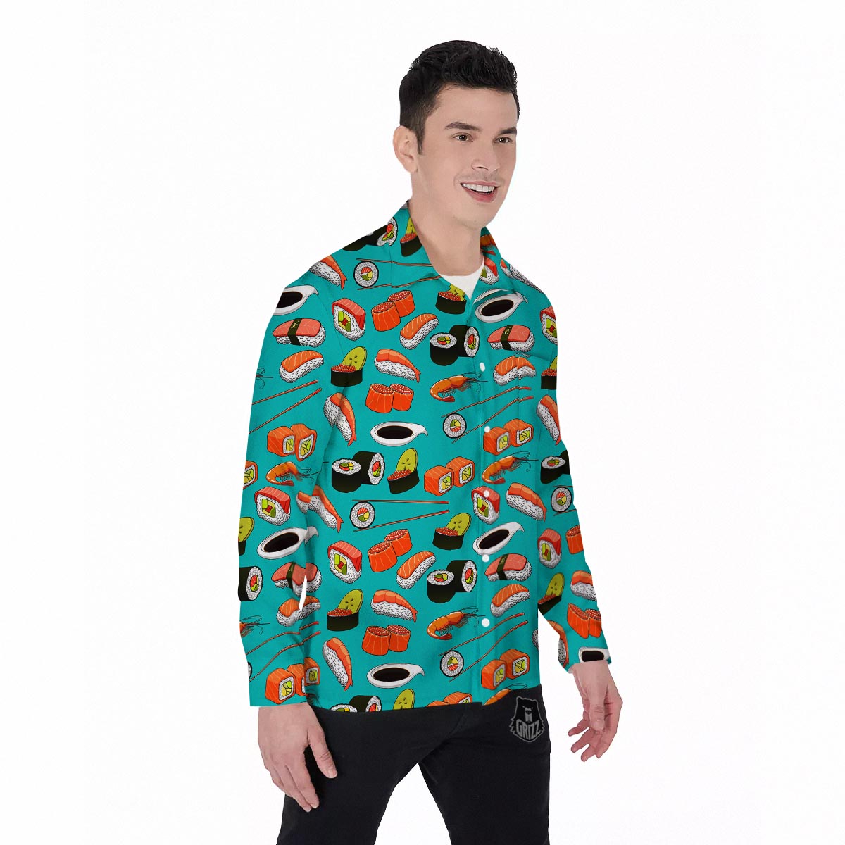 Rolls And Salmon Sushi Print Pattern Men's Long Sleeve Shirts-grizzshop