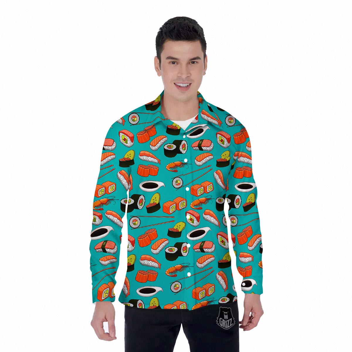 Rolls And Salmon Sushi Print Pattern Men's Long Sleeve Shirts-grizzshop