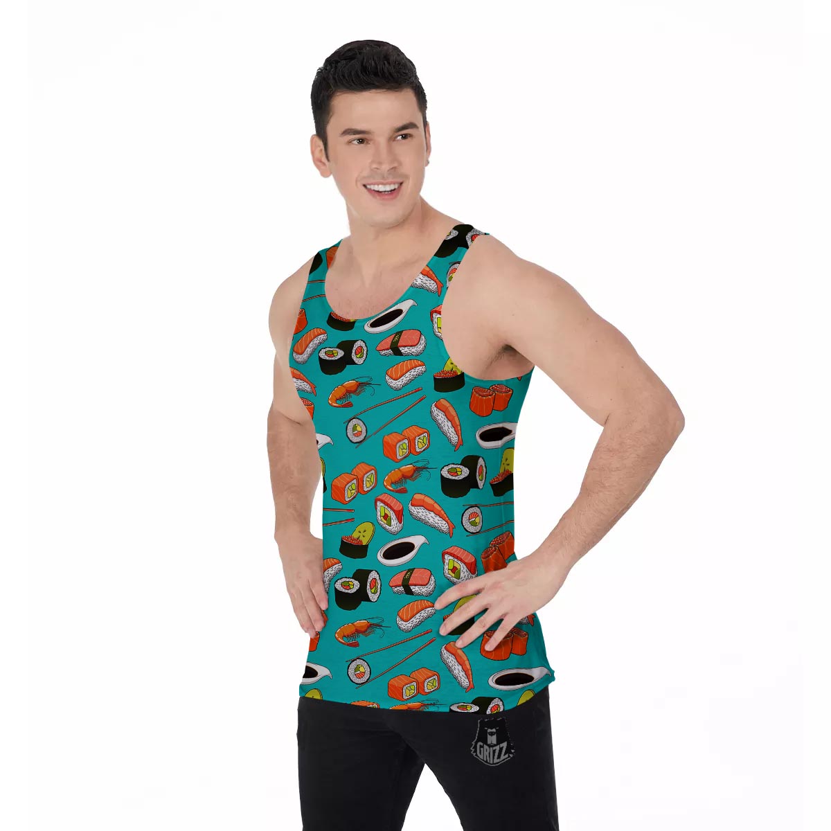 Rolls And Salmon Sushi Print Pattern Men's Tank Top-grizzshop