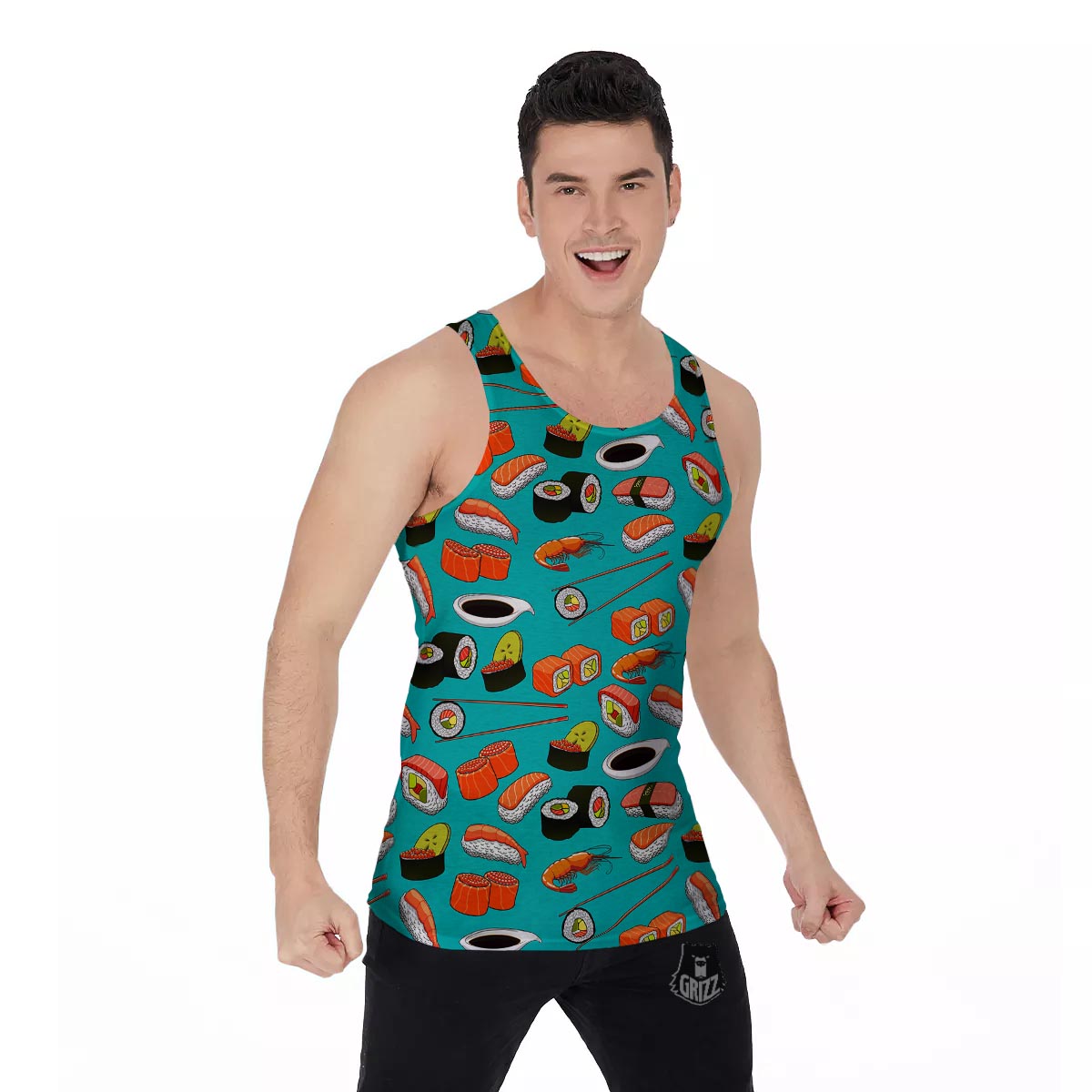 Rolls And Salmon Sushi Print Pattern Men's Tank Top-grizzshop