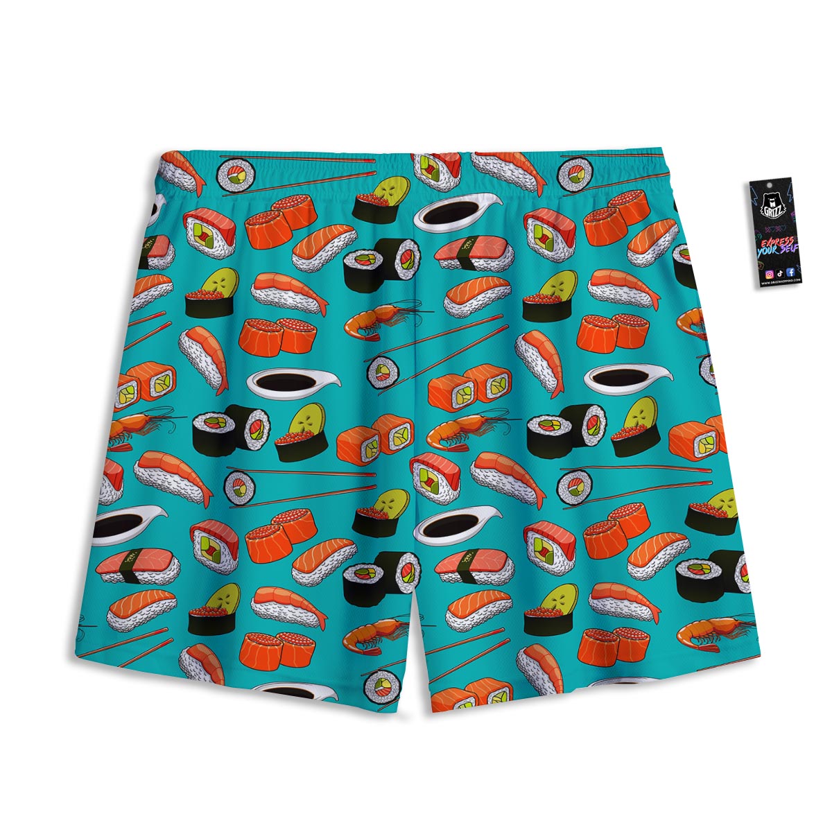 Rolls And Salmon Sushi Print Pattern Mesh Shorts