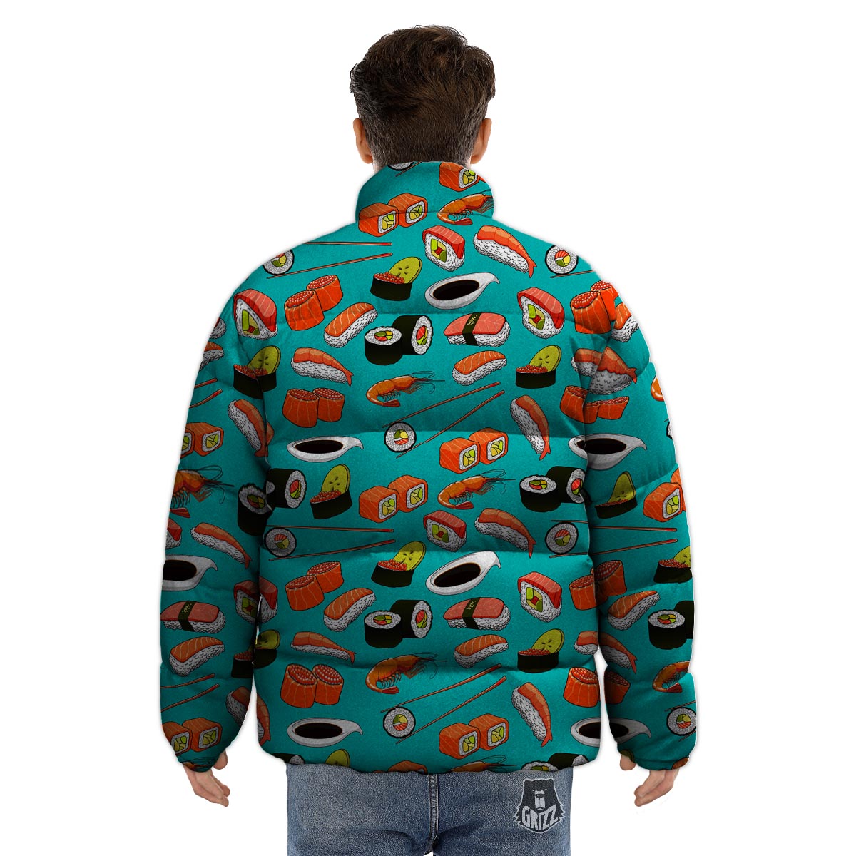 Rolls And Salmon Sushi Print Pattern Puffer Jacket-grizzshop