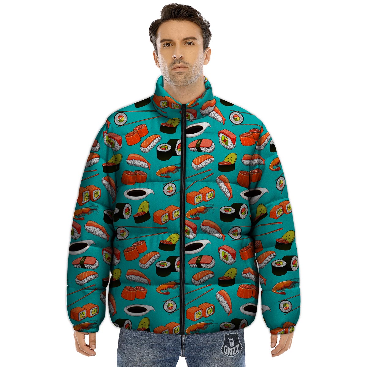 Rolls And Salmon Sushi Print Pattern Puffer Jacket-grizzshop