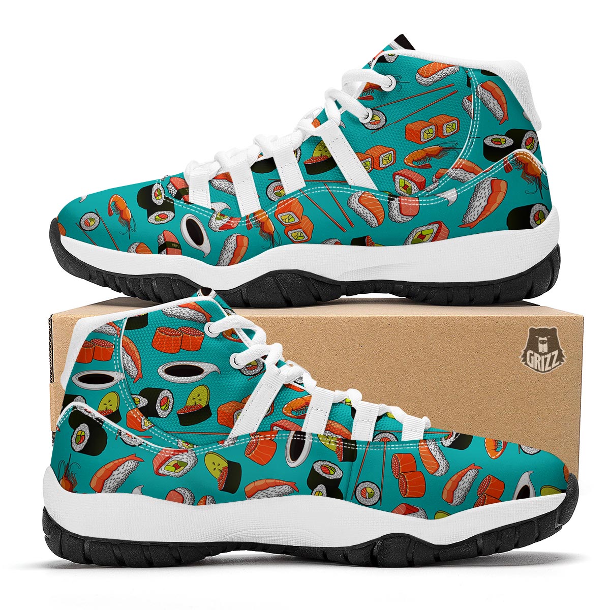 Rolls And Salmon Sushi Print Pattern White Bball Shoes-grizzshop