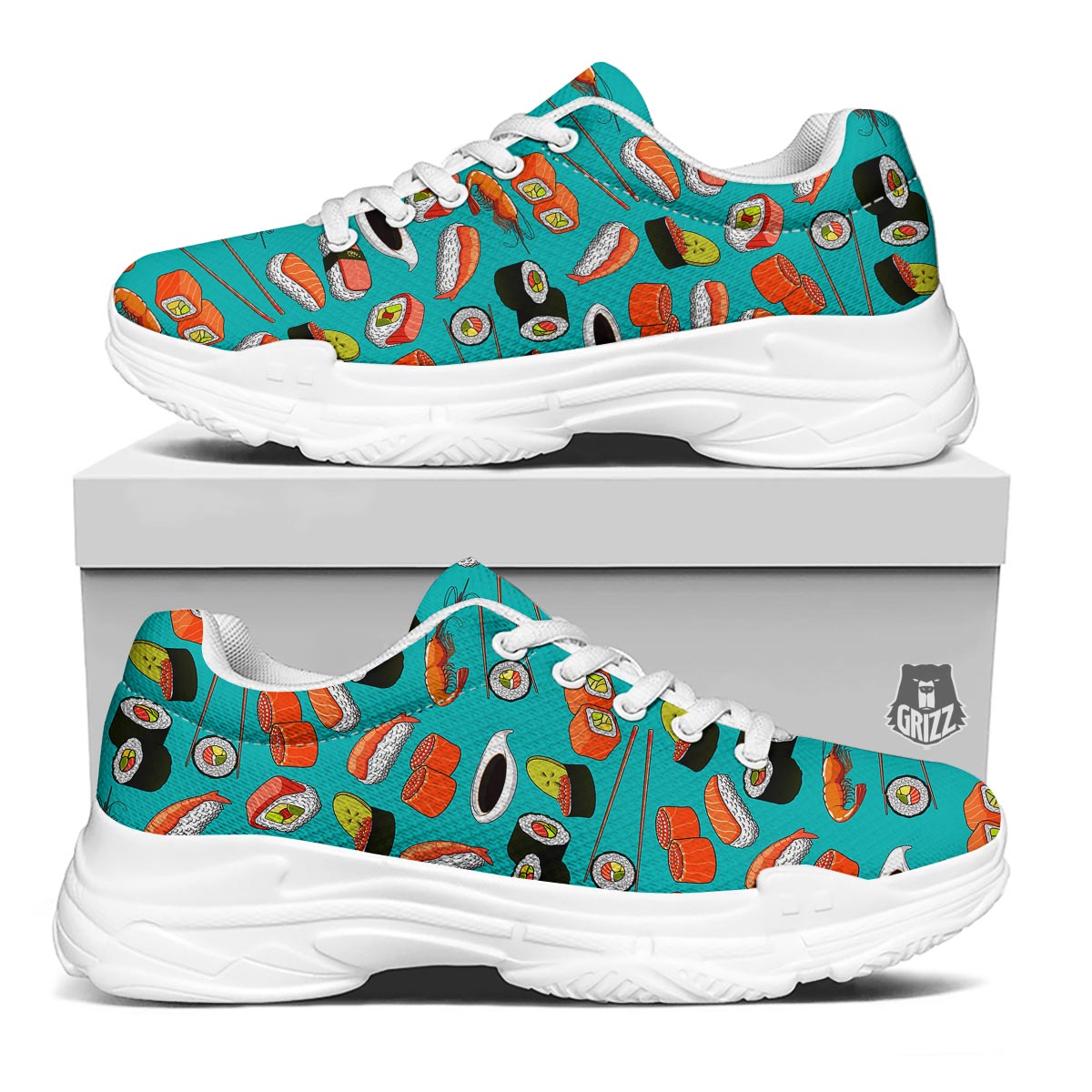 Rolls And Salmon Sushi Print Pattern White Chunky Shoes-grizzshop