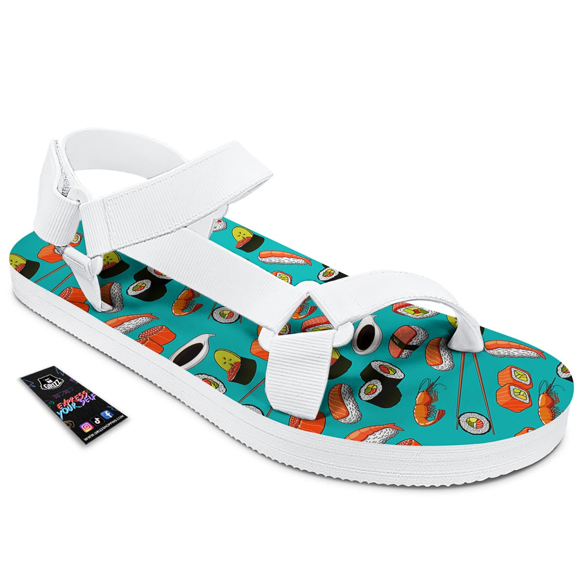 Rolls And Salmon Sushi Print Pattern White Open Toe Sandals-grizzshop