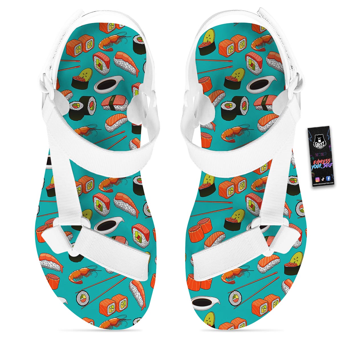 Rolls And Salmon Sushi Print Pattern White Open Toe Sandals-grizzshop