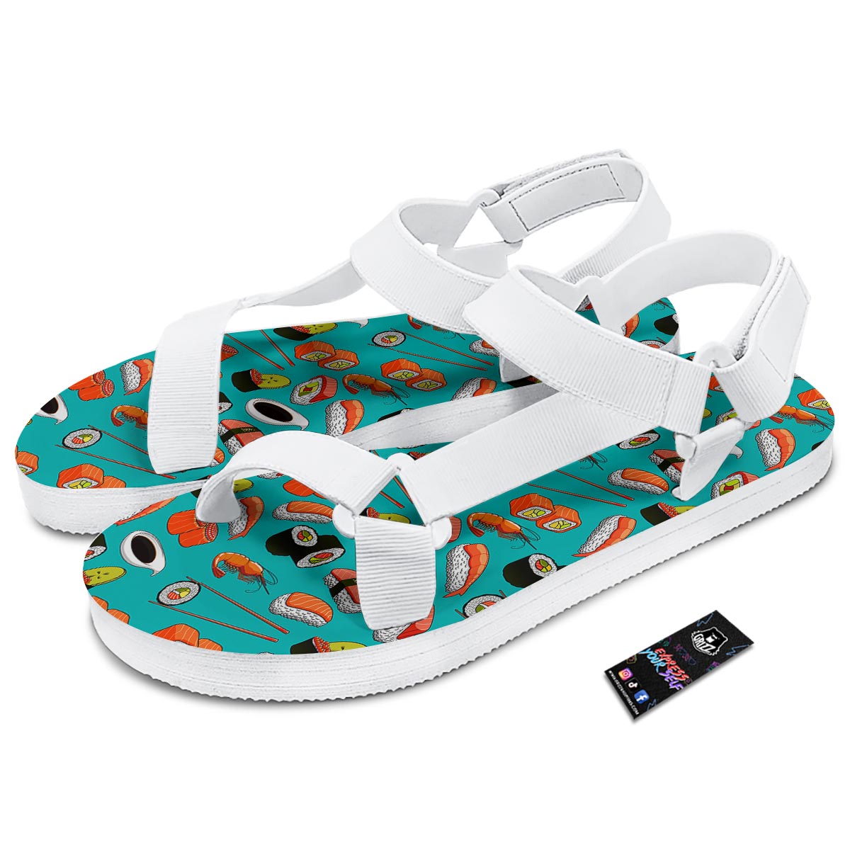 Rolls And Salmon Sushi Print Pattern White Open Toe Sandals-grizzshop