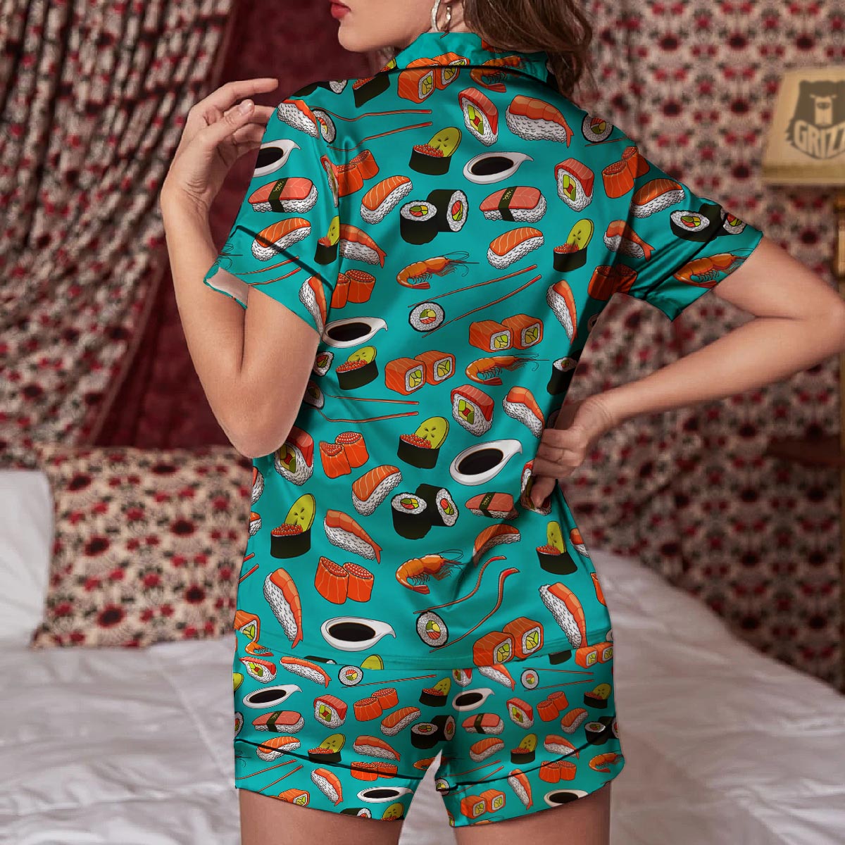 Rolls And Salmon Sushi Print Pattern Women Silk Pajamas-grizzshop