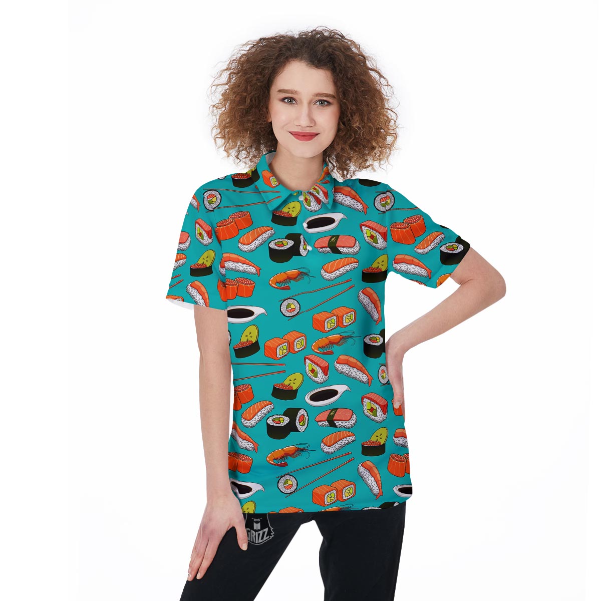 Rolls And Salmon Sushi Print Pattern Women's Golf Shirts-grizzshop