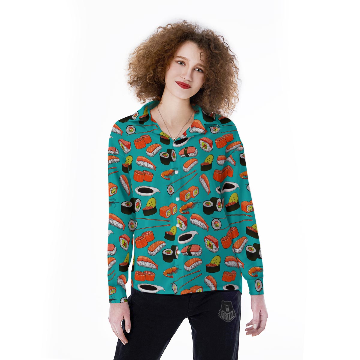 Rolls And Salmon Sushi Print Pattern Women's Long Sleeve Shirts-grizzshop