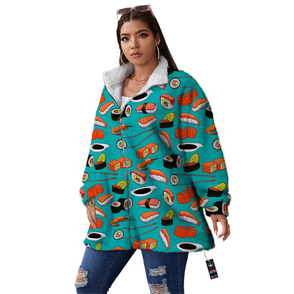 Rolls And Salmon Sushi Print Pattern Women's Sherpa Jacket-grizzshop