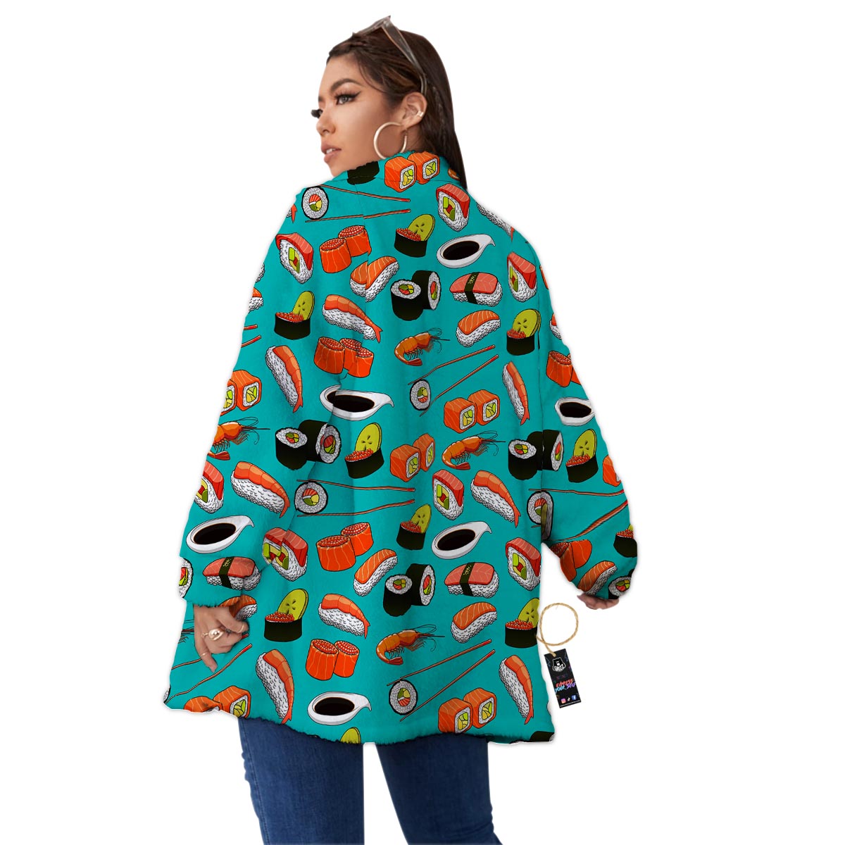Rolls And Salmon Sushi Print Pattern Women's Sherpa Jacket-grizzshop