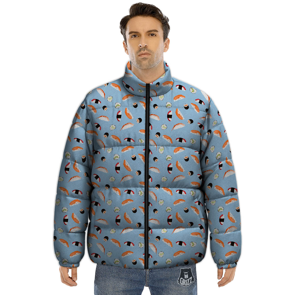 Rolls And Sushi Colorful Print Pattern Puffer Jacket-grizzshop
