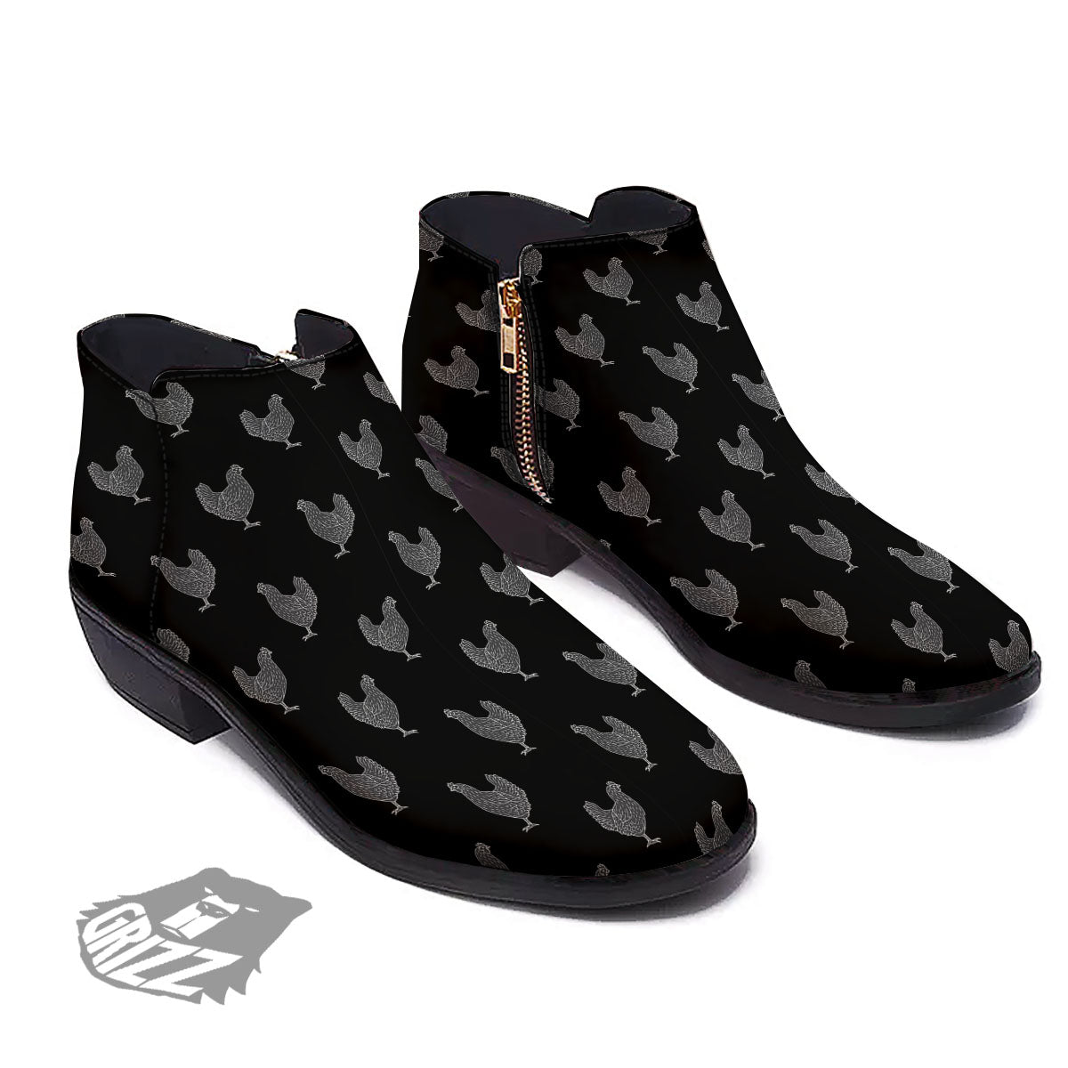 Rooster Black And White Print Pattern Ankle Boots-grizzshop
