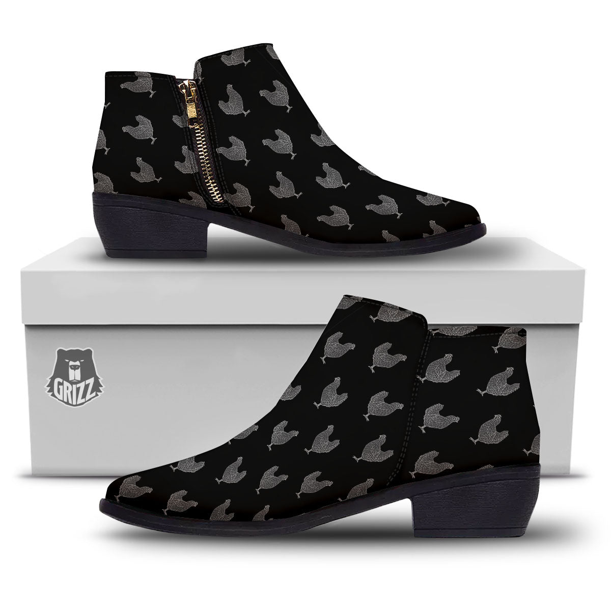 Rooster Black And White Print Pattern Ankle Boots-grizzshop