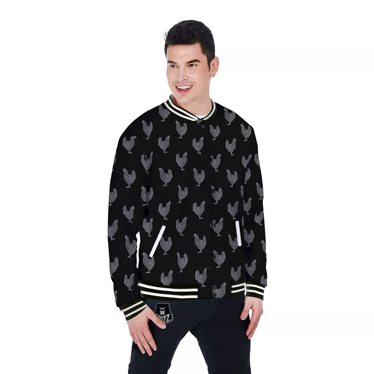 Rooster Black And White Print Pattern Baseball Jacket-grizzshop