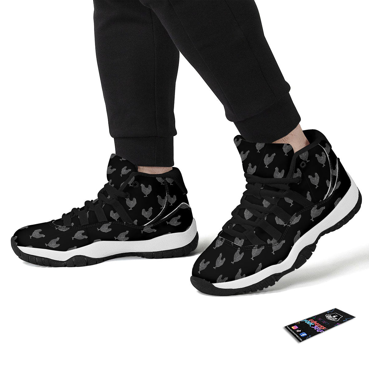 Rooster Black And White Print Pattern Black Bball Shoes-grizzshop