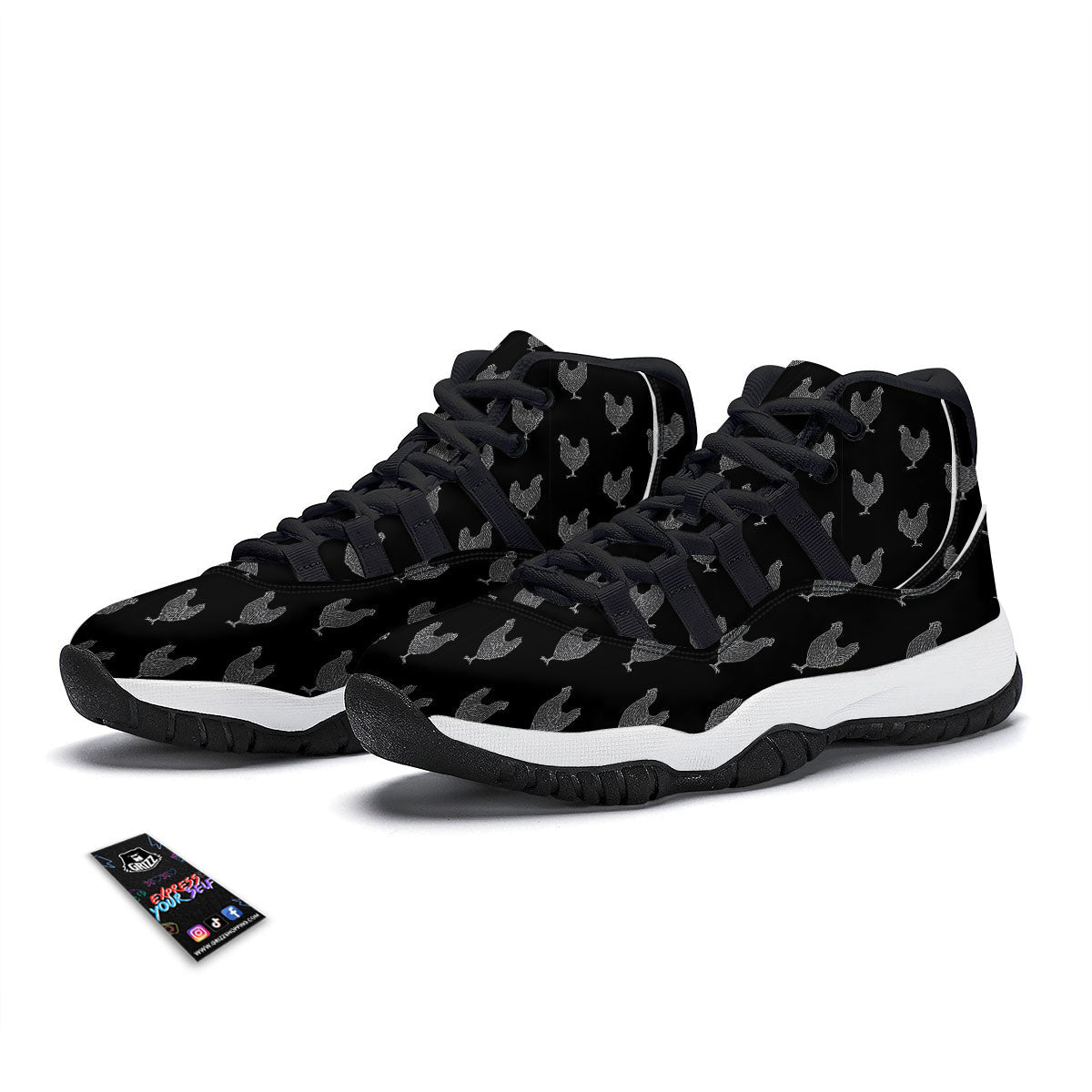 Rooster Black And White Print Pattern Black Bball Shoes-grizzshop