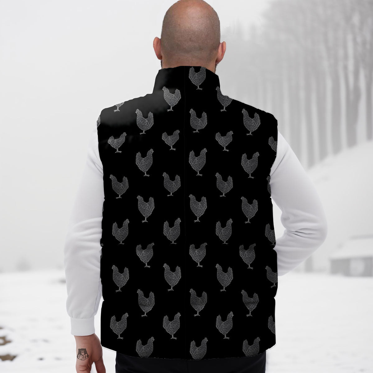 Rooster Black And White Print Pattern Down Vest