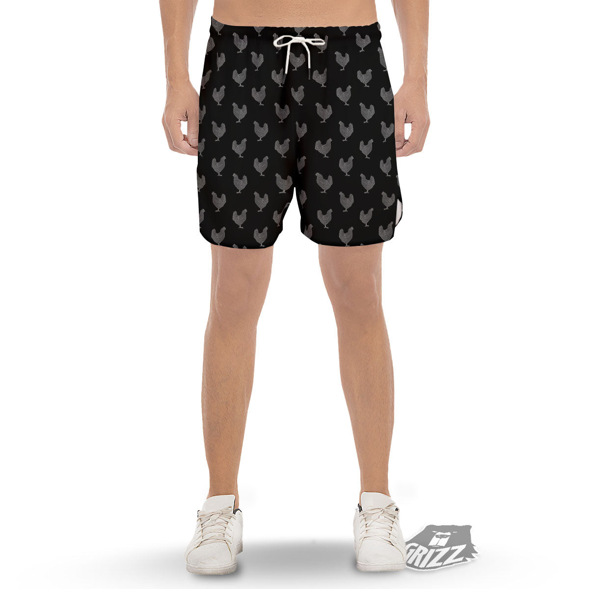 Rooster Black And White Print Pattern Men's Gym Shorts-grizzshop