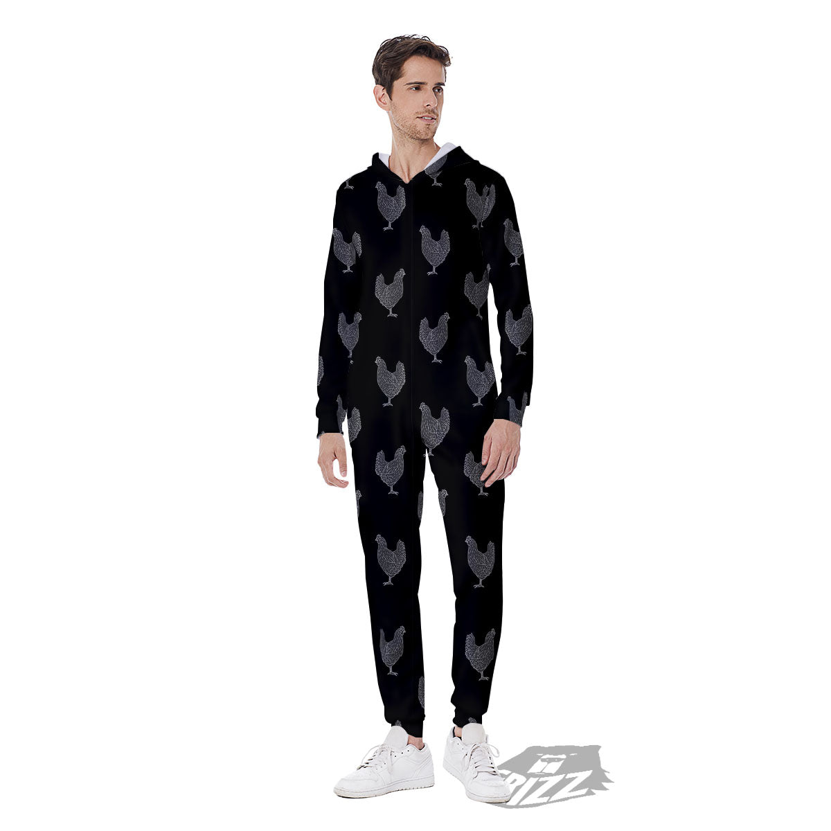 Rooster Black And White Print Pattern Men's Jumpsuit-grizzshop