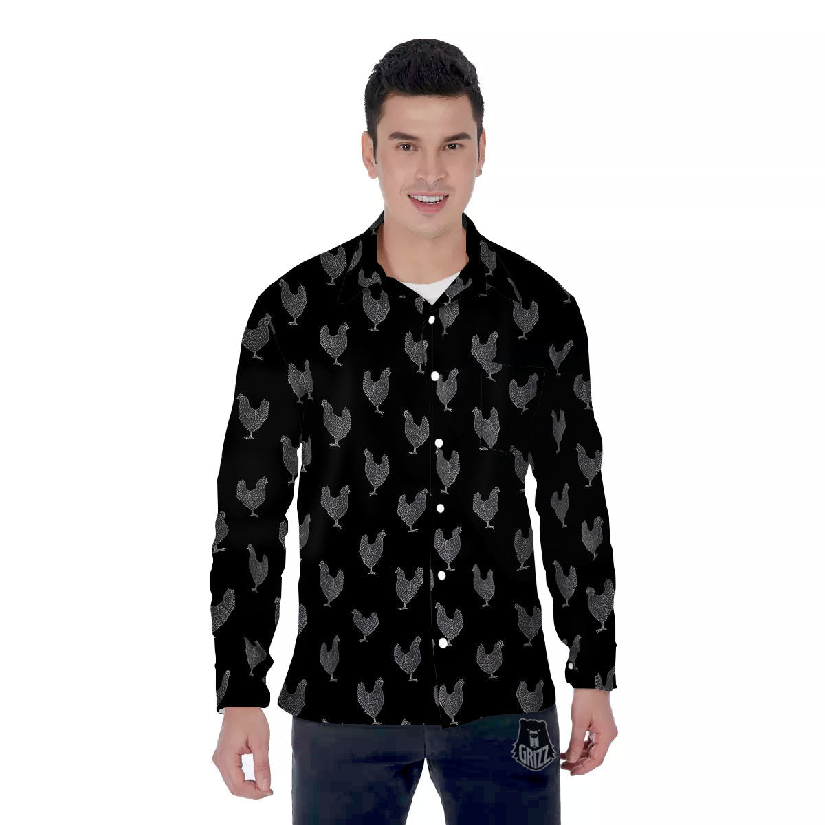 Rooster Black And White Print Pattern Men's Long Sleeve Shirts-grizzshop