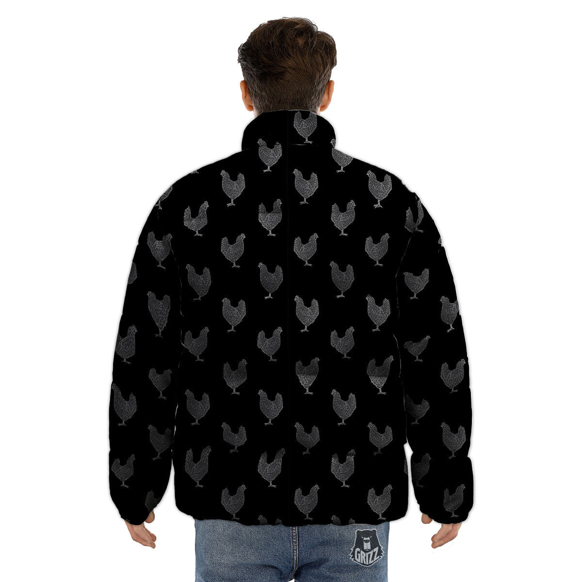 Rooster Black And White Print Pattern Puffer Jacket-grizzshop