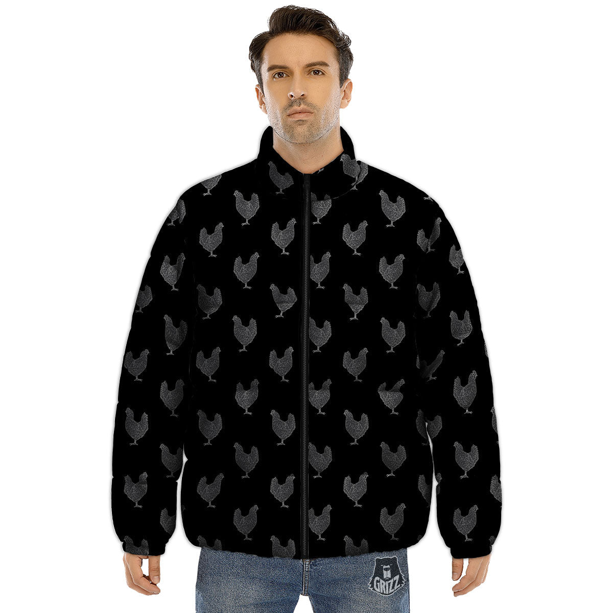 Rooster Black And White Print Pattern Puffer Jacket-grizzshop