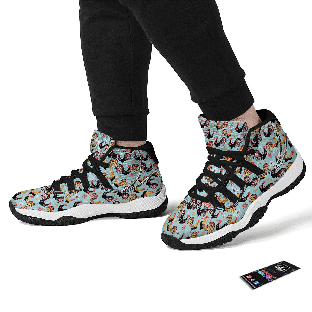 Rooster Blue Pattern Print Black Bball Shoes-grizzshop