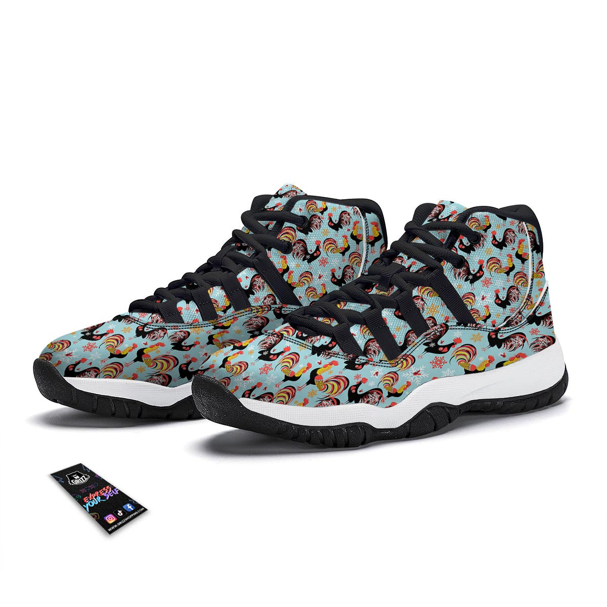 Rooster Blue Pattern Print Black Bball Shoes-grizzshop