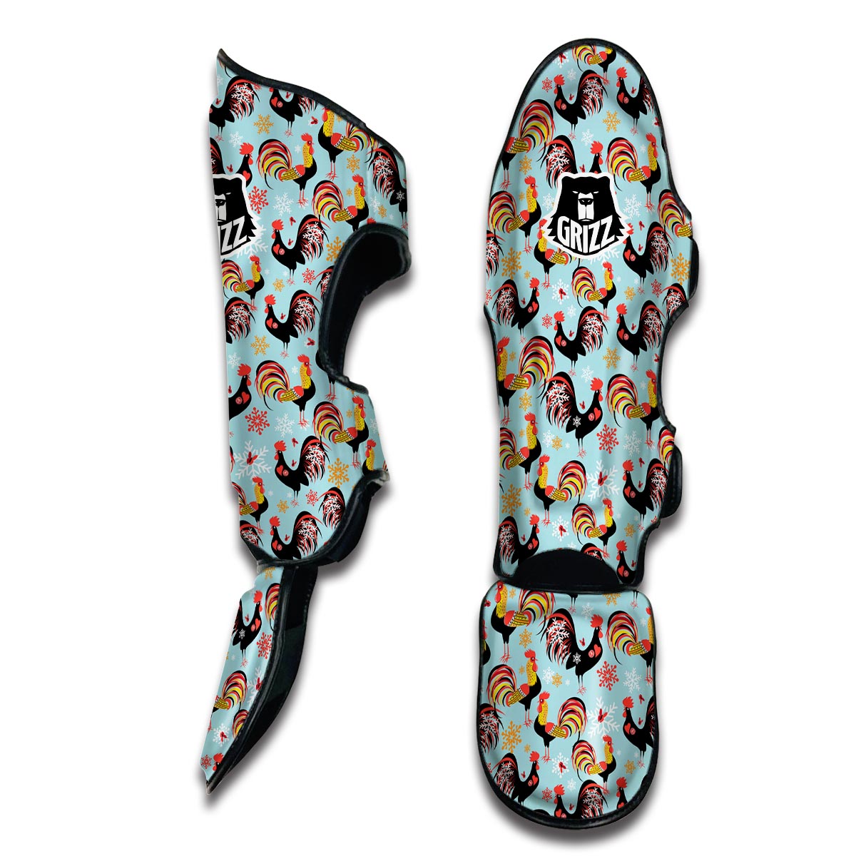 Rooster Blue Pattern Print Muay Thai Shin Guards-grizzshop