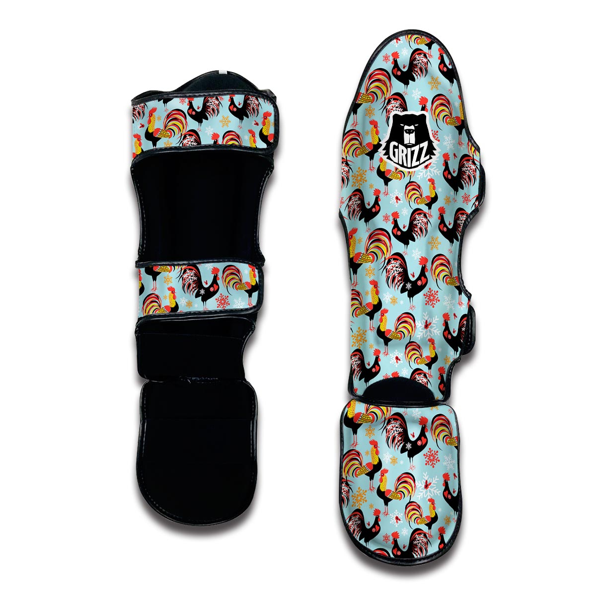 Rooster Blue Pattern Print Muay Thai Shin Guards-grizzshop